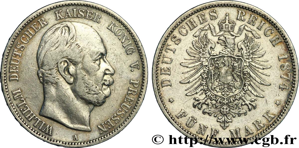 GERMANY - PRUSSIA 5 Mark Guillaume Ier 1874 Berlin XF 