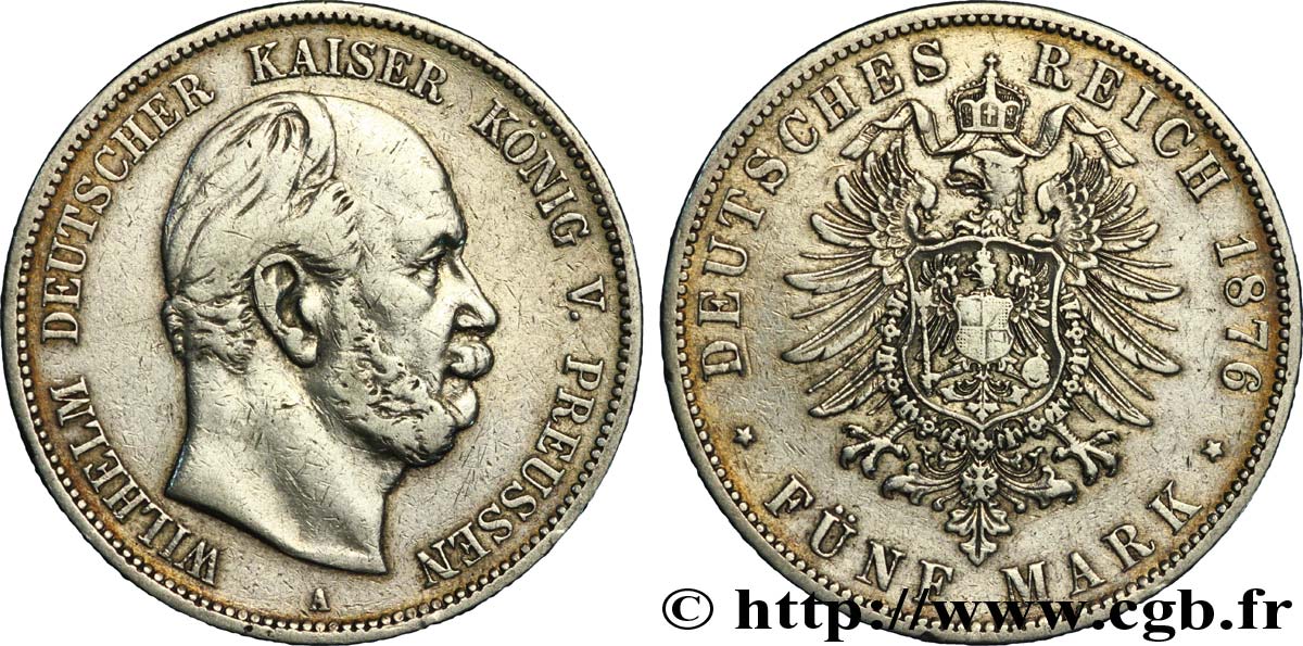 GERMANIA - PRUSSIA 5 Mark Guillaume Ier 1876 Berlin q.BB 