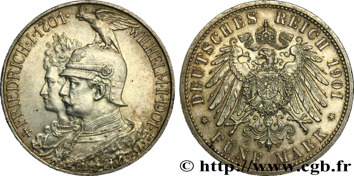 GERMANY - PRUSSIA 5 Mark Guillaume II 200e anniversaire de la Prusse 1901 Berlin AU 