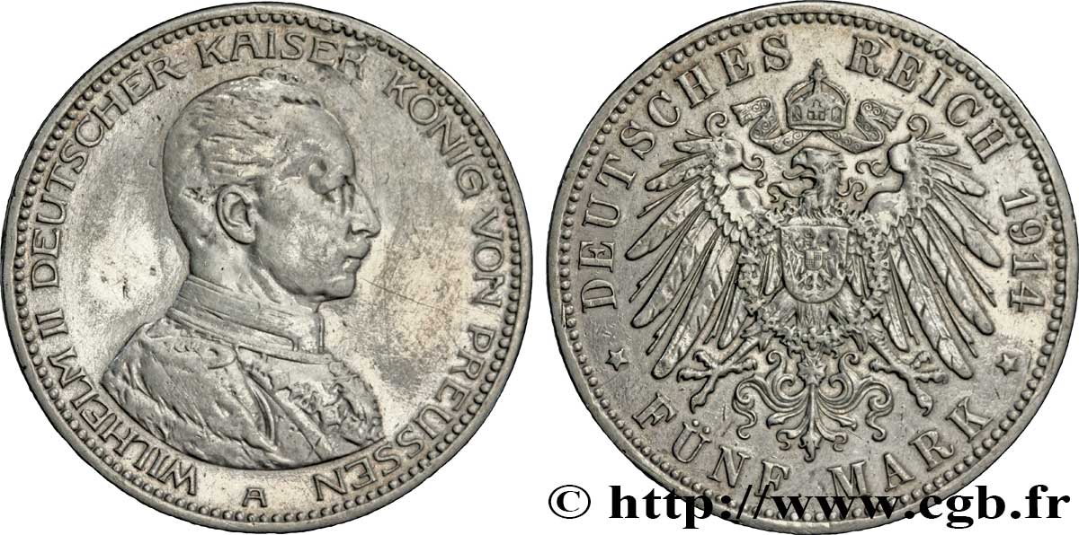 ALEMANIA - PRUSIA 5 Mark Guillaume II 1914 Berlin BC+ 