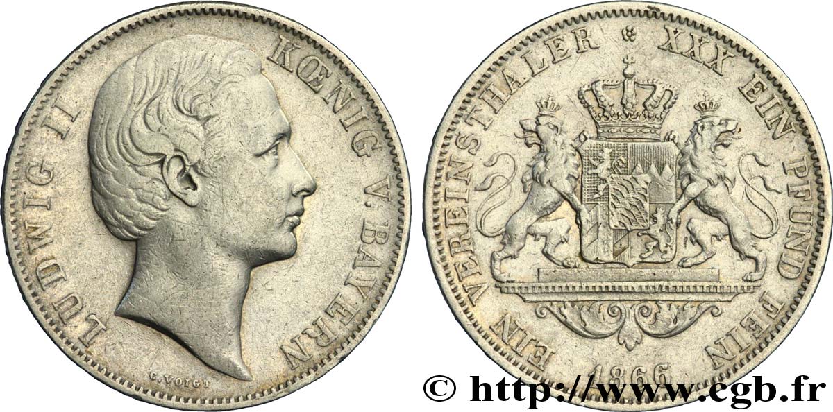 ALEMANIA - BAVIERA 1 Veirensthaler Maximilien II roi de Bavière / écu couronné de la Bavière entouré de deux lions 1866  BC+ 