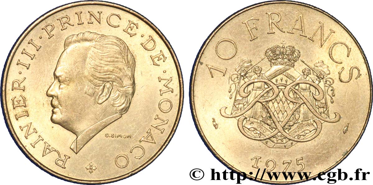 MONACO 10 Francs Rainier III / écu et monogramme couronnés 1975 Paris AU 