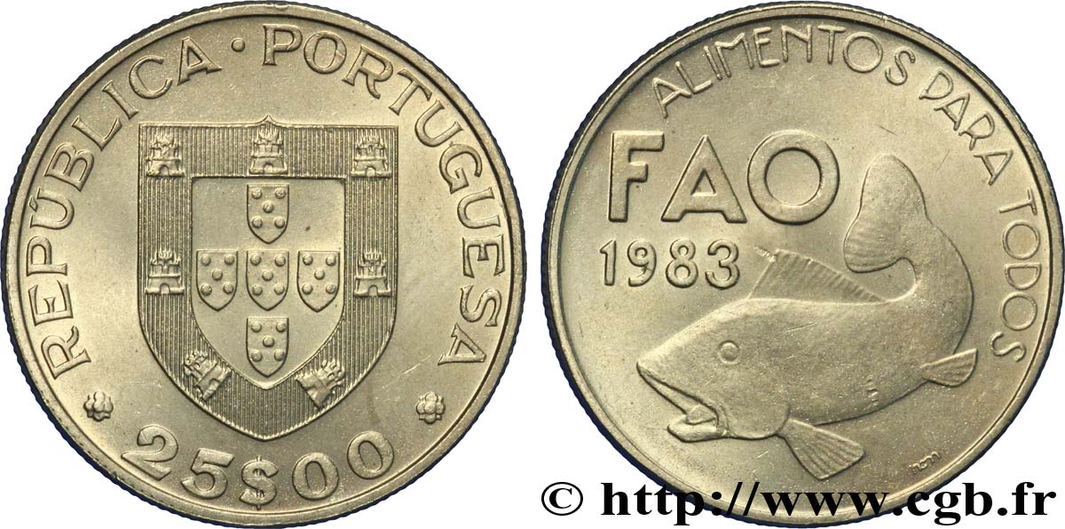 PORTUGAL 25 Escudos FAO écu / poisson 1983  VZ 