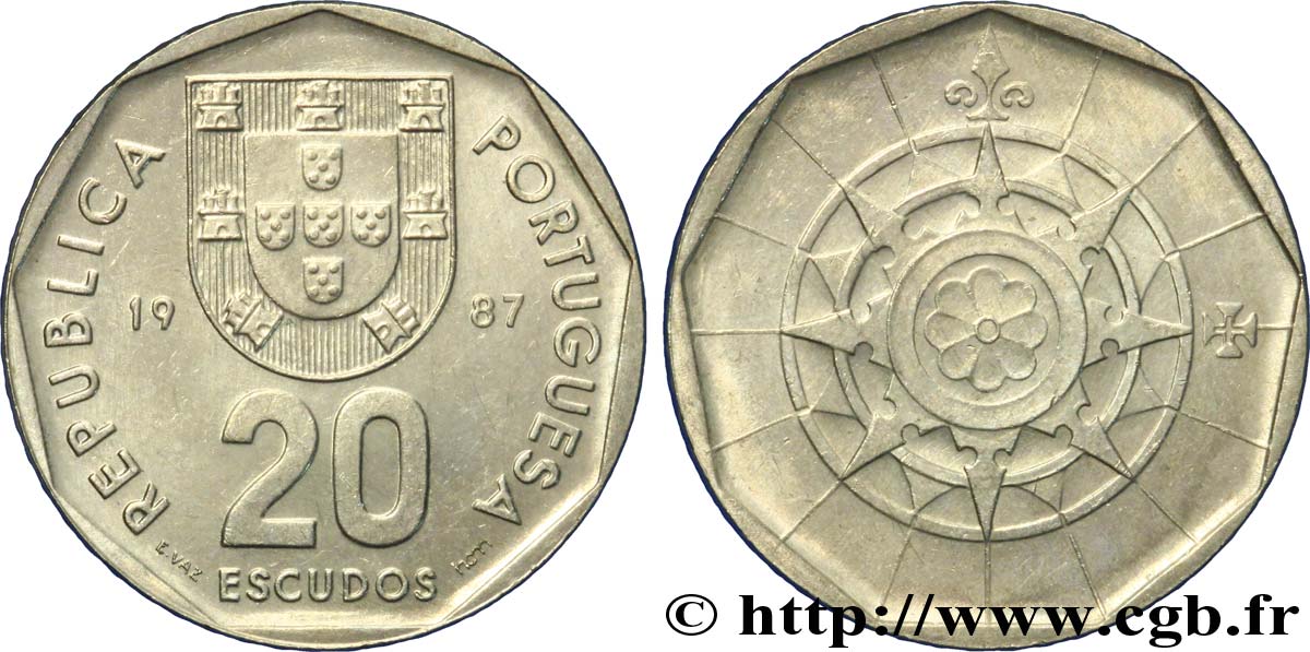 PORTUGAL 20 Escudos emblème / rose des vents 1987  VZ 