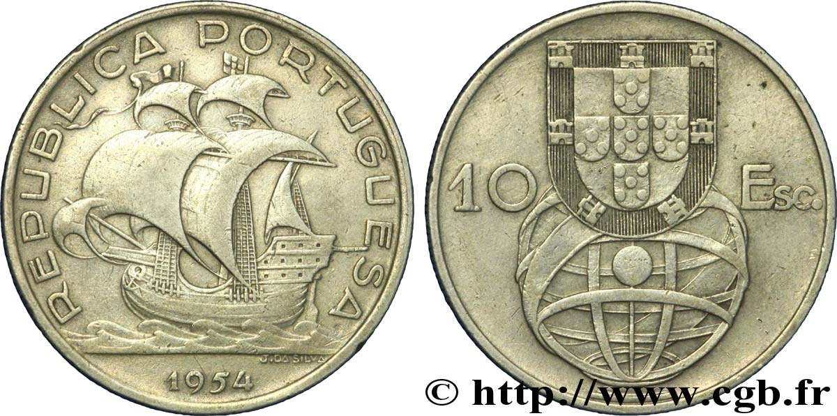 PORTUGAL 10 Escudos emblème et globe / caravelle 1954  BC 