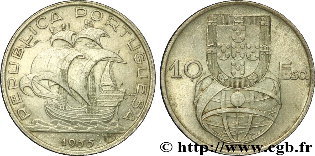 PORTUGAL 10 Escudos emblème et globe / caravelle 1955  EBC 