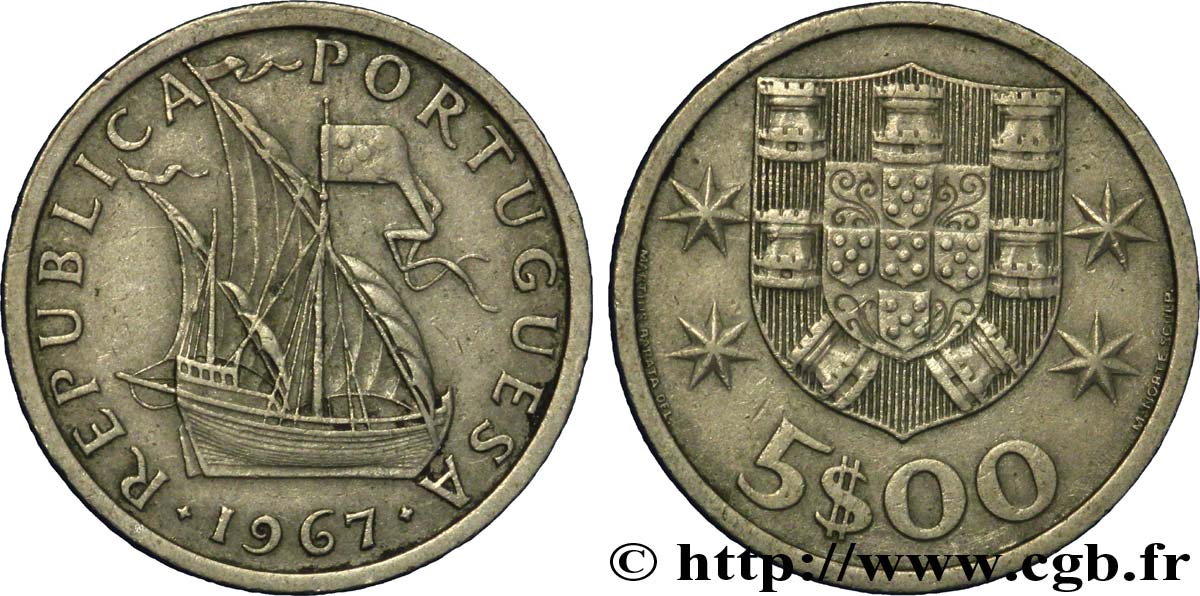 PORTUGAL 5 Escudos emblème 1967  MBC+ 