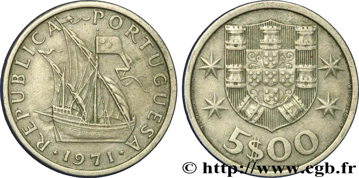 PORTOGALLO 5 Escudos emblème 1971  q.SPL 