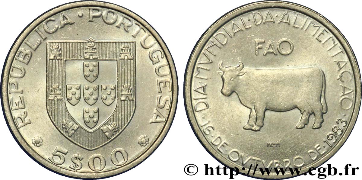 PORTUGAL 5 Escudos FAO Journée Internationale de l’Alimentation : emblème / vache 1983  MS 