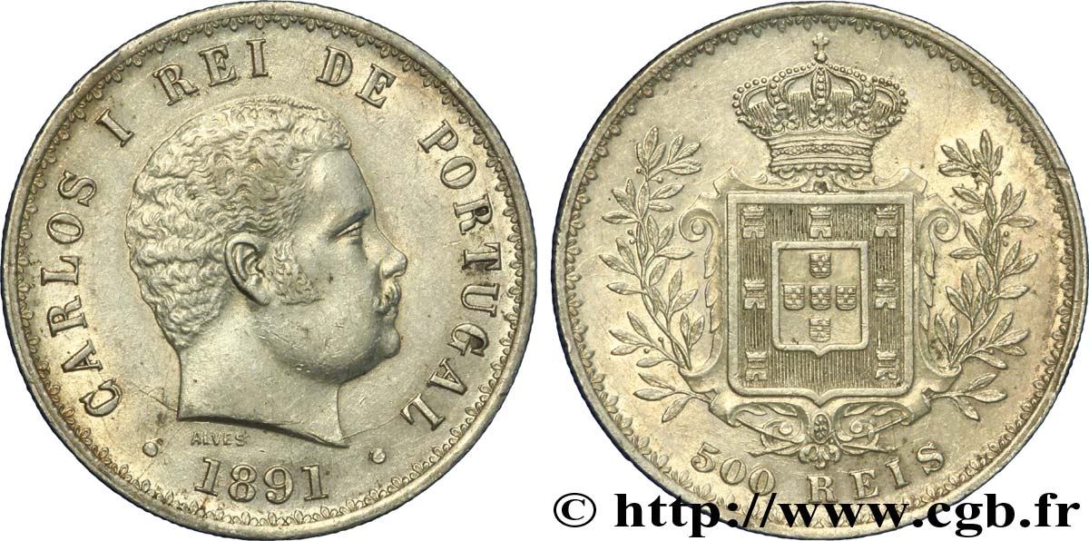 PORTUGAL 500 Réis Charles II (Carlos) / emblème 1891  VZ 