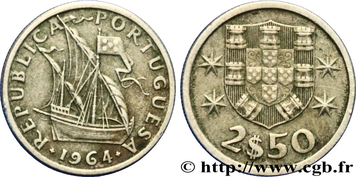 PORTUGAL 2 1/2 Escudos emblème / voilier 1964  AU 