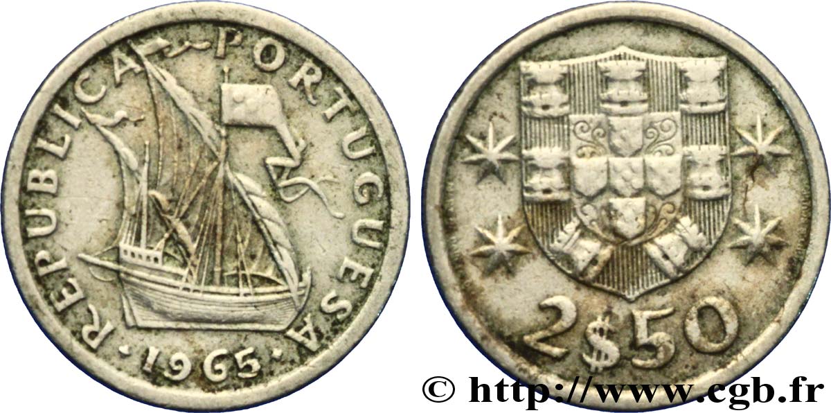 PORTOGALLO 2 1/2 Escudos emblème / voilier 1965  BB 