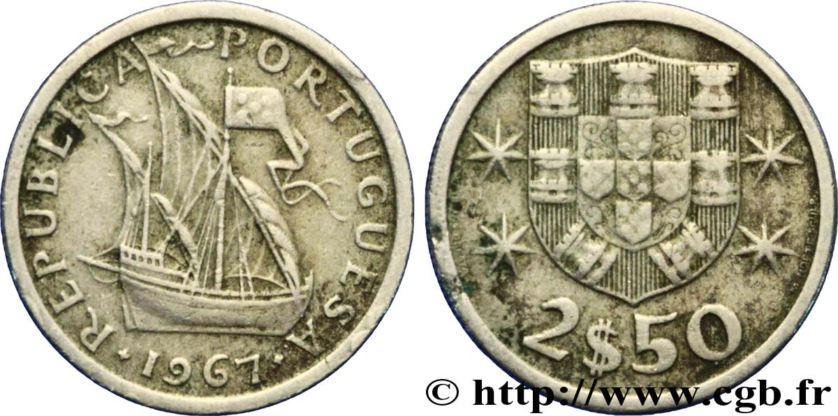 PORTOGALLO 2 1/2 Escudos emblème / voilier 1967  BB 