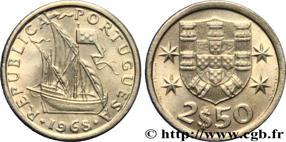 PORTUGAL 2 1/2 Escudos emblème / voilier 1968  MS 