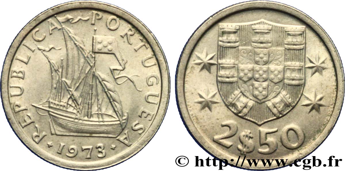 PORTUGAL 2 1/2 Escudos emblème / voilier 1973  EBC 