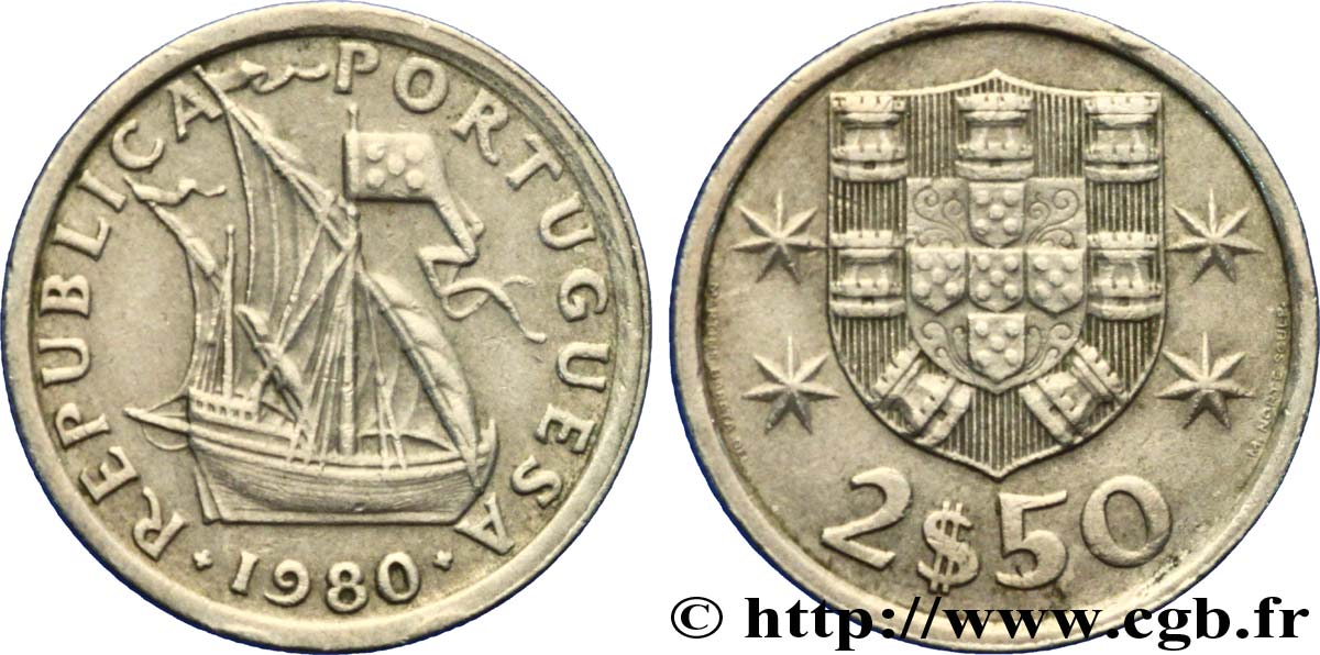 PORTUGAL 2 1/2 Escudos emblème / voilier 1980  MBC+ 