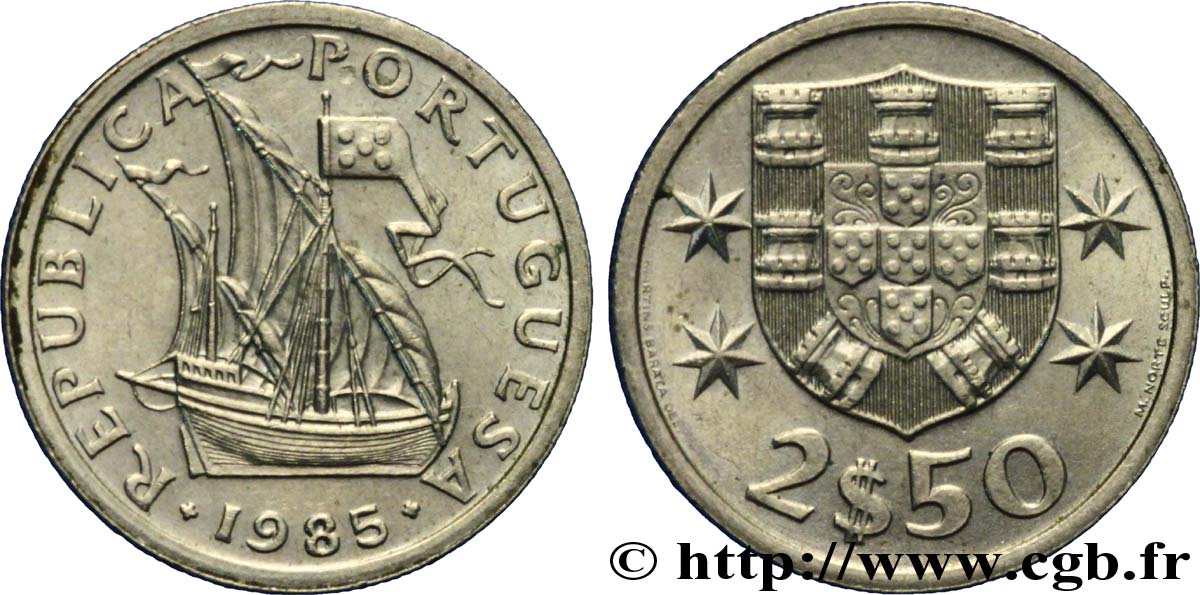 PORTUGAL 2 1/2 Escudos emblème / voilier 1985  EBC 