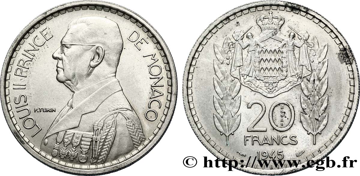 MONACO Essai de 20 Francs Louis II 1945 Paris SPL 