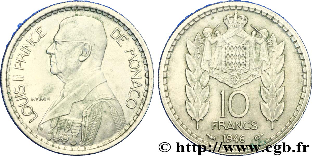 MONACO 10 Francs Louis II / manteau d’armes couronné 1946 Paris EBC 
