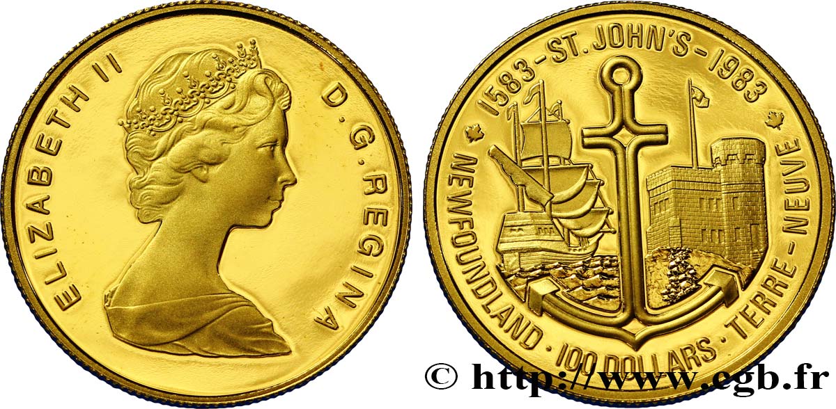 KANADA 100 Dollars or Proof Elisabeth II 400e anniversaire de Saint John’s sur Terre-Neuve 1983  fST 
