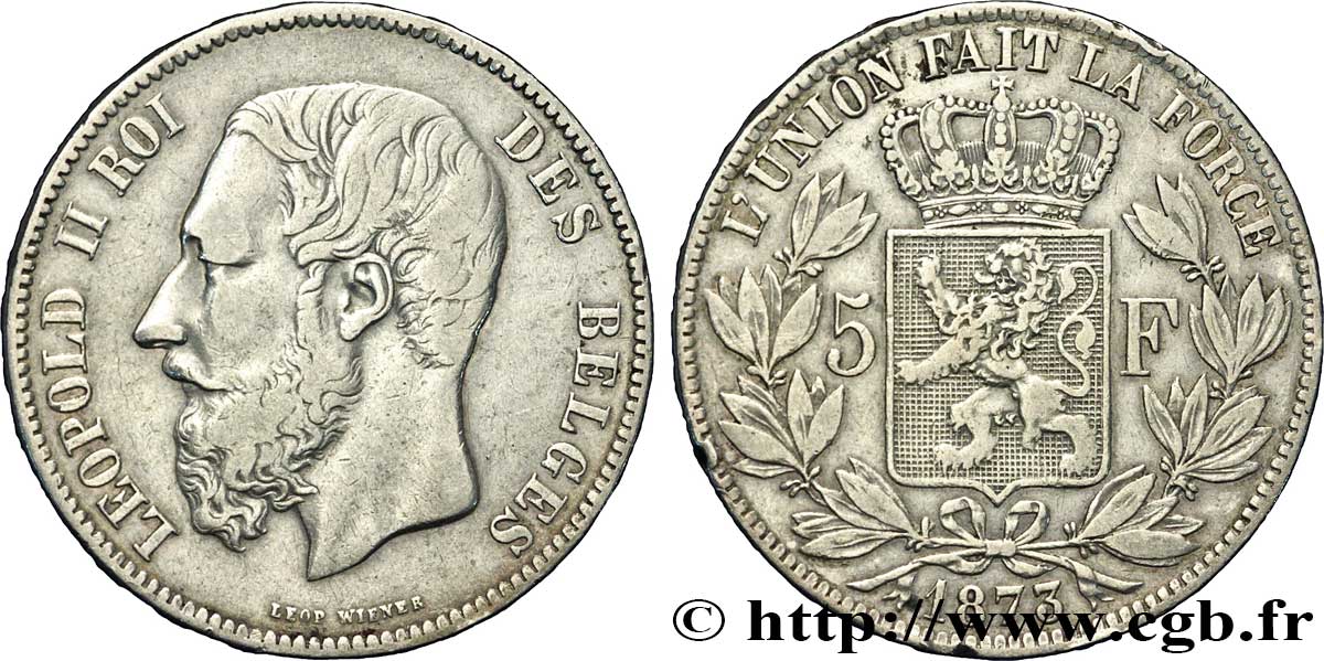 BELGIEN 5 Francs Léopold II 1873  S 