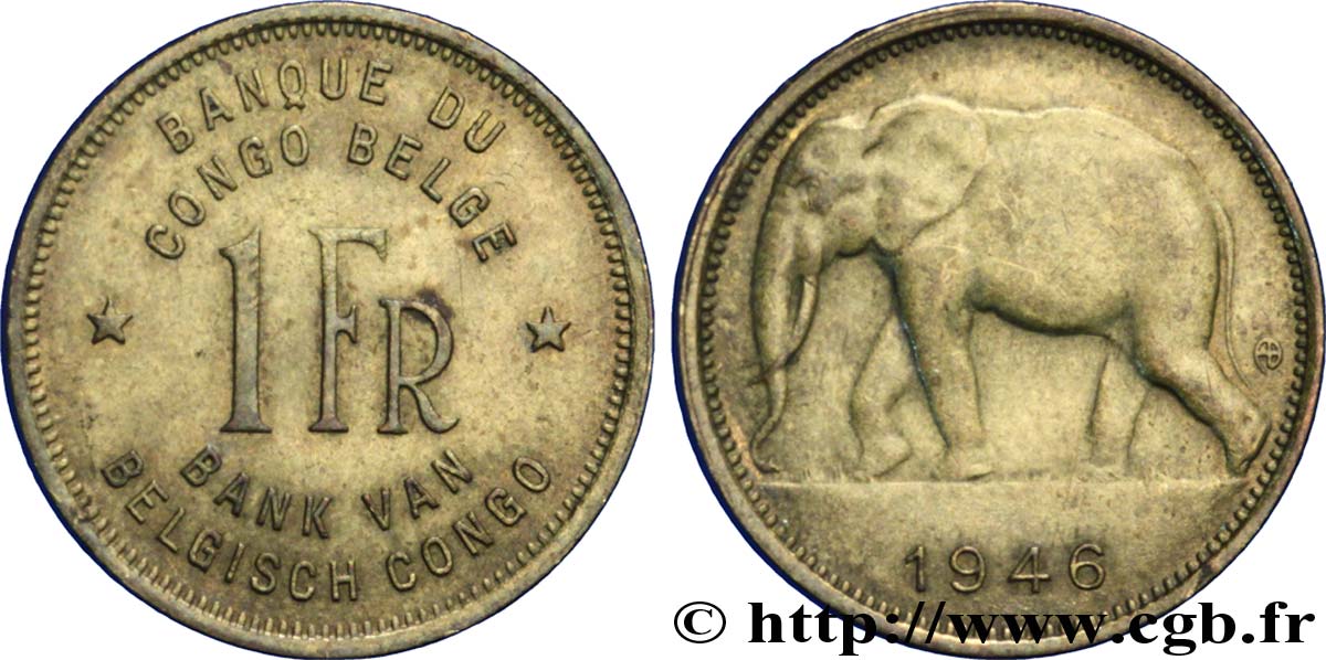 CONGO BELGA 1 Franc éléphant 1946  BB 