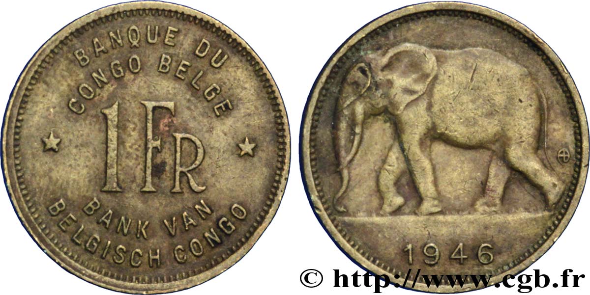 CONGO BELGA 1 Franc éléphant 1946  BB 