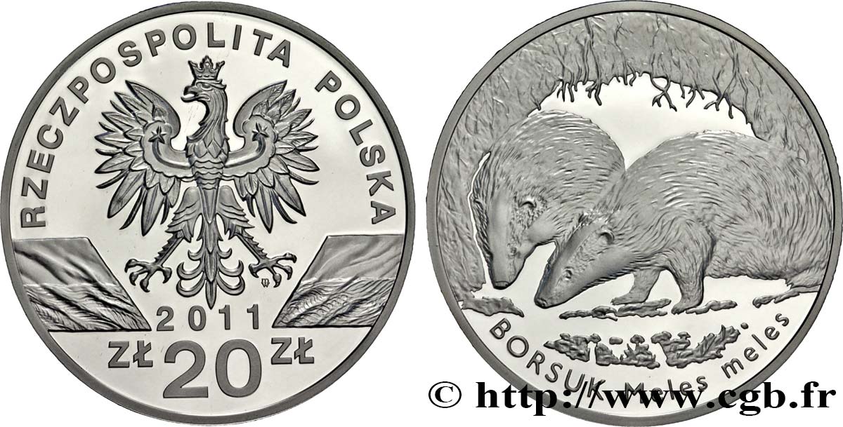 POLONIA 20 Zlotych Proof aigle / blaireau (meles meles) 2011 Varsovie MS 