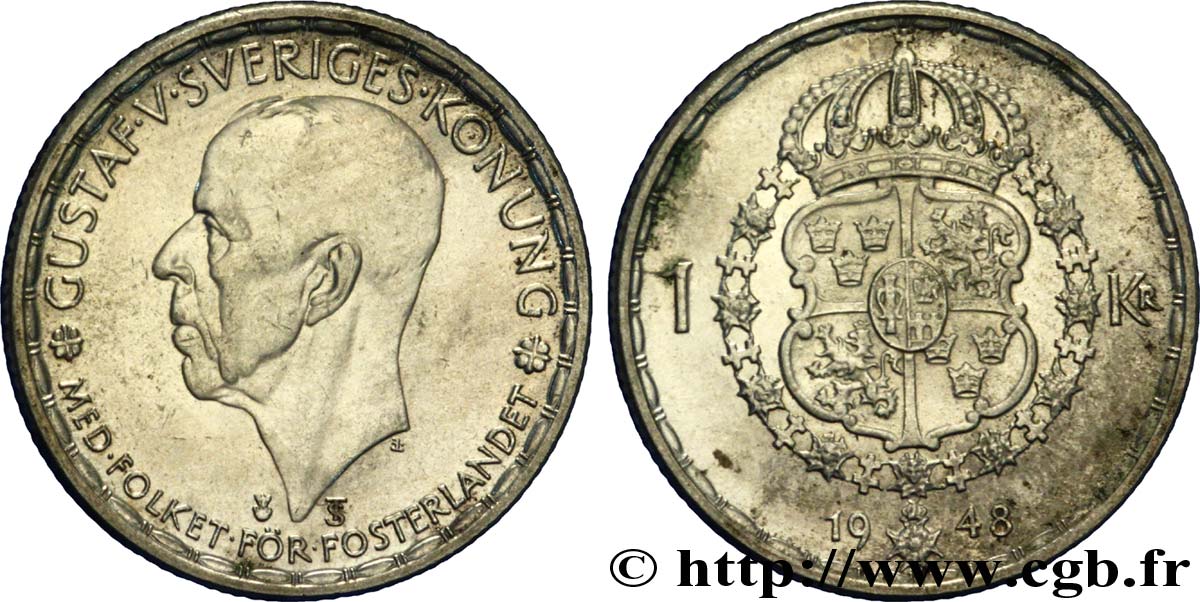 SCHWEDEN 1 Krona Gustave V 1948  VZ 