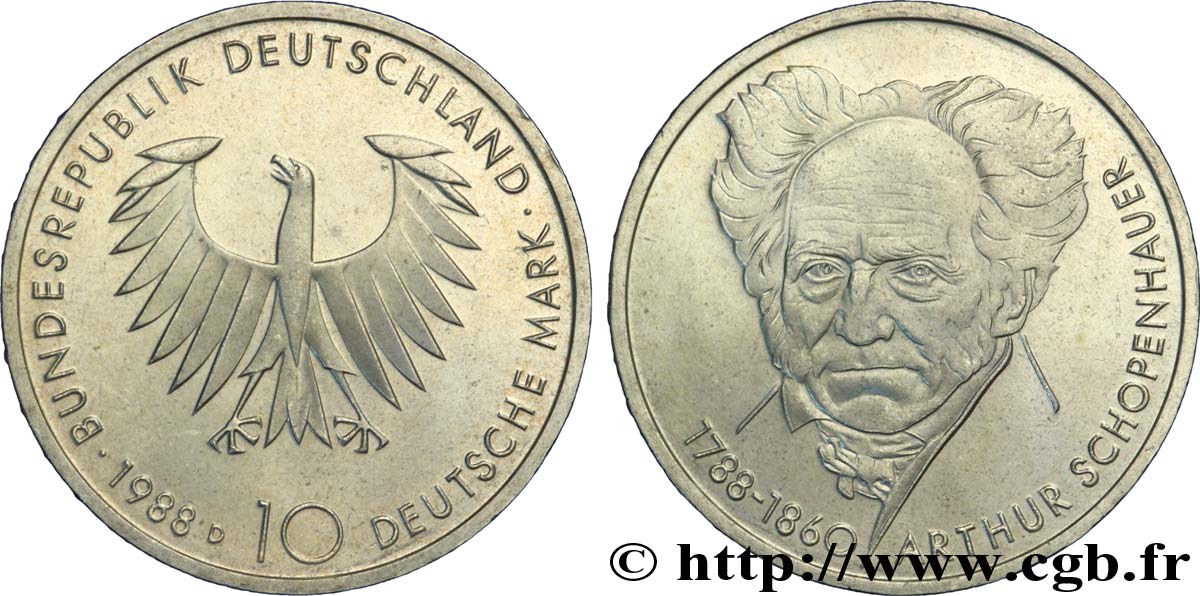 GERMANY 10 Mark Proof aigle héraldique / Arthur Schopenhauer 1988 Munich - D MS 