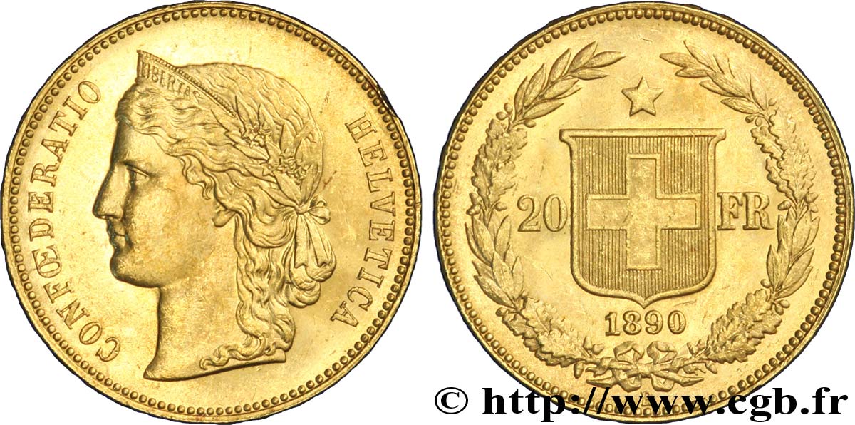 SCHWEIZ 20 Francs or buste diadémé d Helvetia / croix suisse 1890 Berne - B fST 