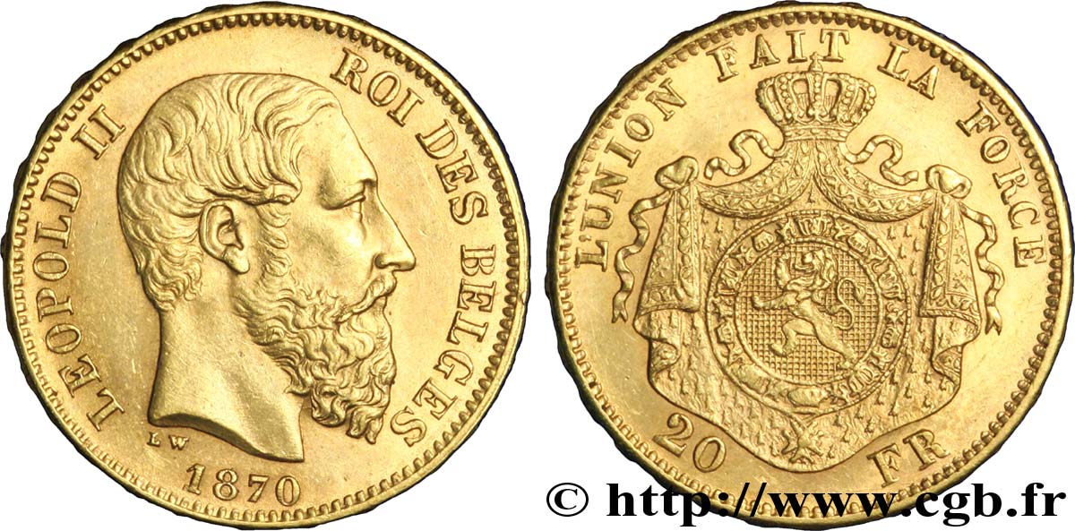 BÉLGICA 20 Francs Léopold II 1870 Bruxelles EBC 