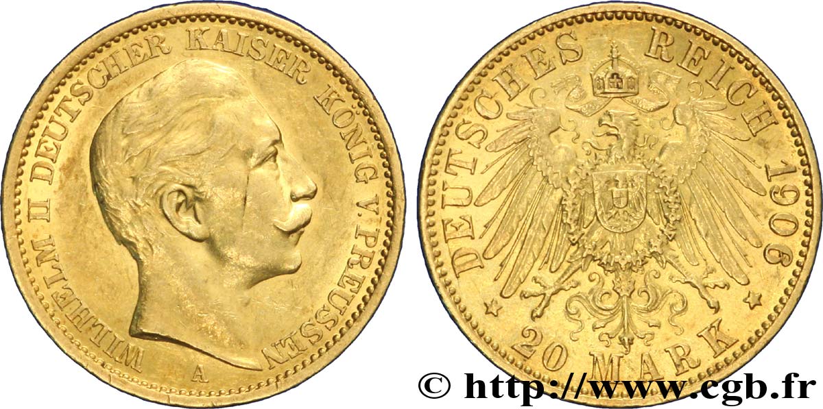 DEUTSCHLAND - PREUßEN 20 Mark or, 2e type Guillaume II / aigle impérial 1906 Berlin VZ 
