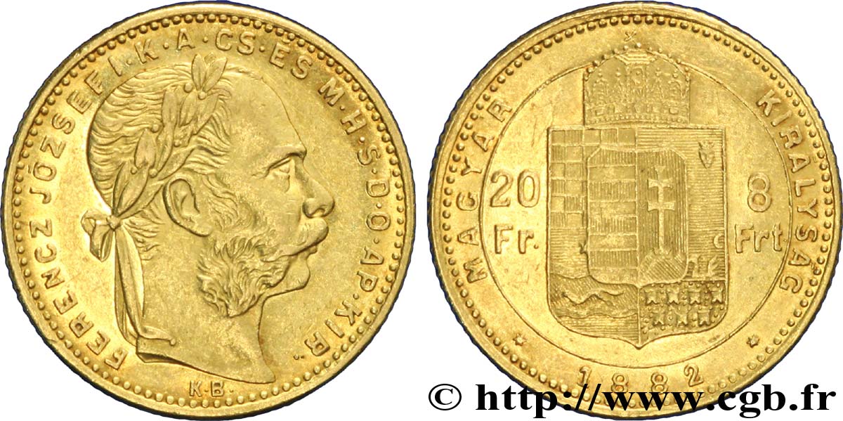 HUNGRíA 20 Francs or ou 8 Forint, 2e type François-Joseph Ier 1882 Kremnitz EBC 