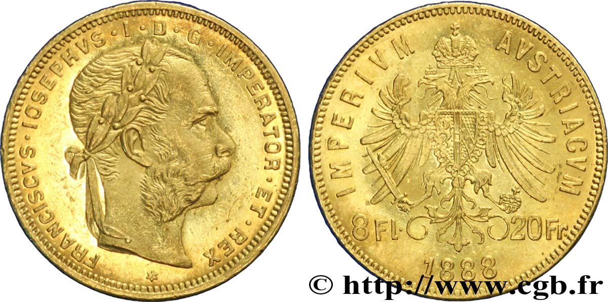 AUSTRIA 8 Florins ou 20 Francs or François-Joseph Ier / Aigle bicéphale couronnée 1888 Vienne EBC 