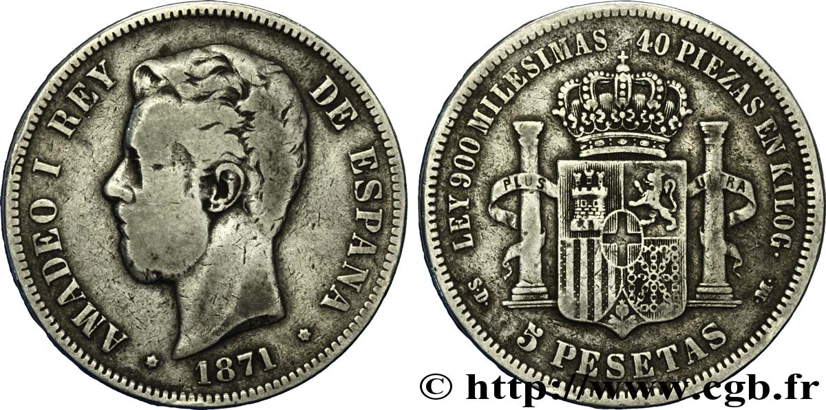 SPAIN 5 Pesetas Amédée Ier (1871) 1871  VF 