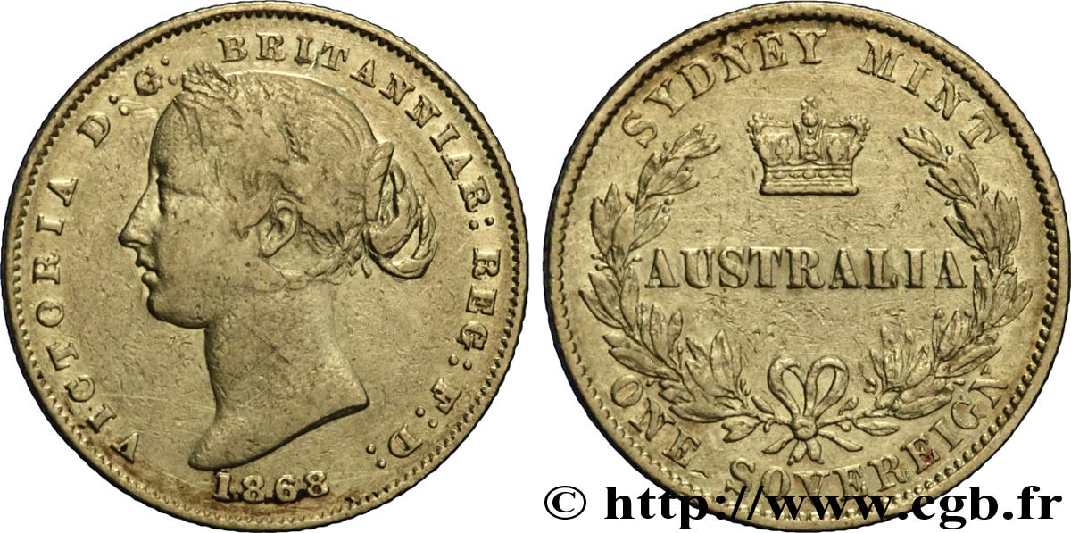 AUSTRALIEN 1 Souverain OR reine Victoria / couronne entre deux branches d’olivier 1868 Sydney fSS 