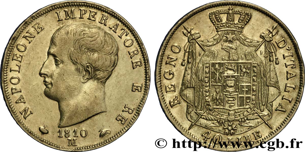ITALY - KINGDOM OF ITALY - NAPOLEON I 40 lire Napoléon Empereur et Roi d’Italie, 2e type, tranche en creux 1810/09 Milan AU50 