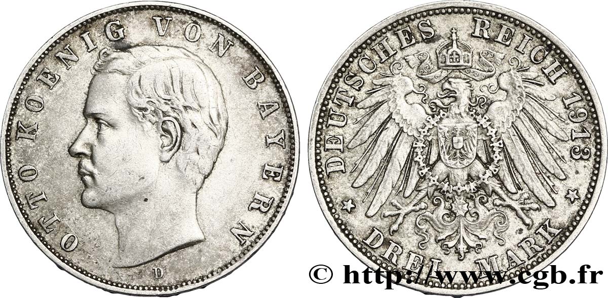 ALEMANIA - BAVIERA 3 Mark Othon roi de Bavière / aigle impérial héraldique 1913 Munich - D MBC 