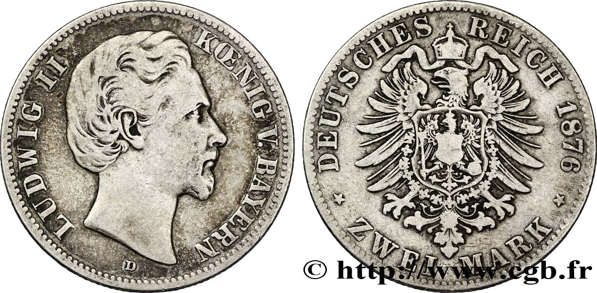 GERMANY - BAVARIA 2 Mark Louis II / aigle 1876 Munich - D VF 