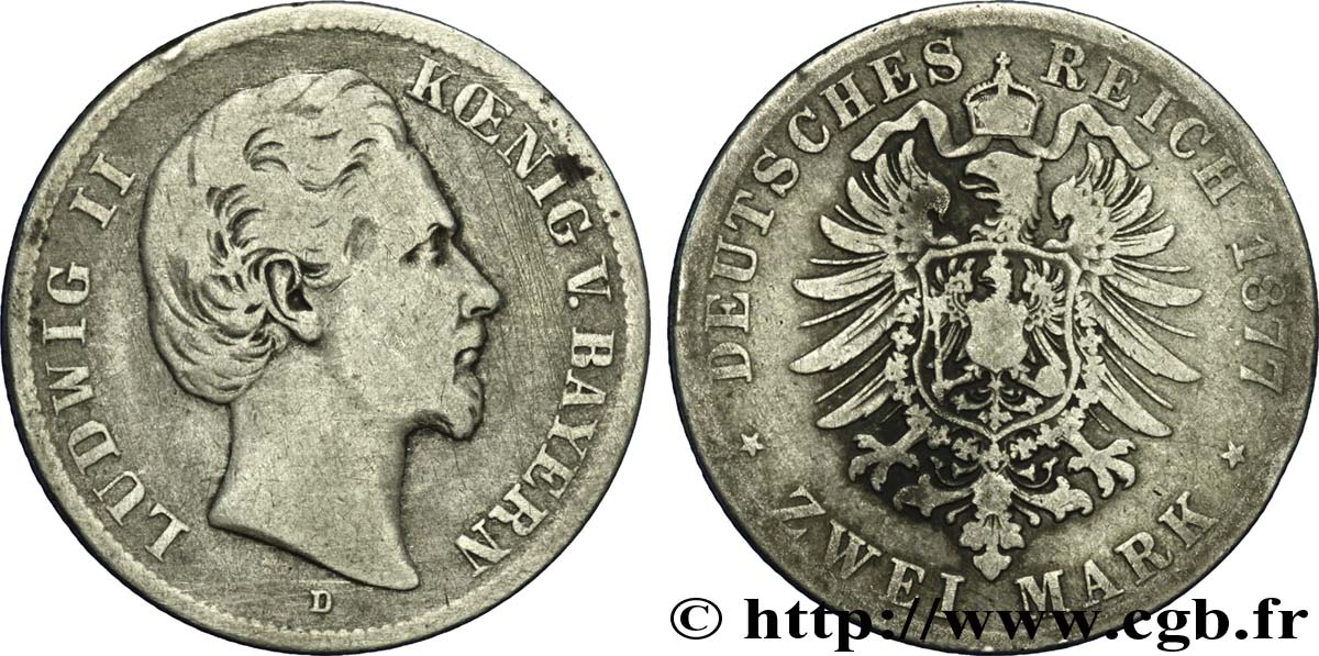 GERMANY - BAVARIA 2 Mark Louis II / aigle 1877 Munich - D VF 