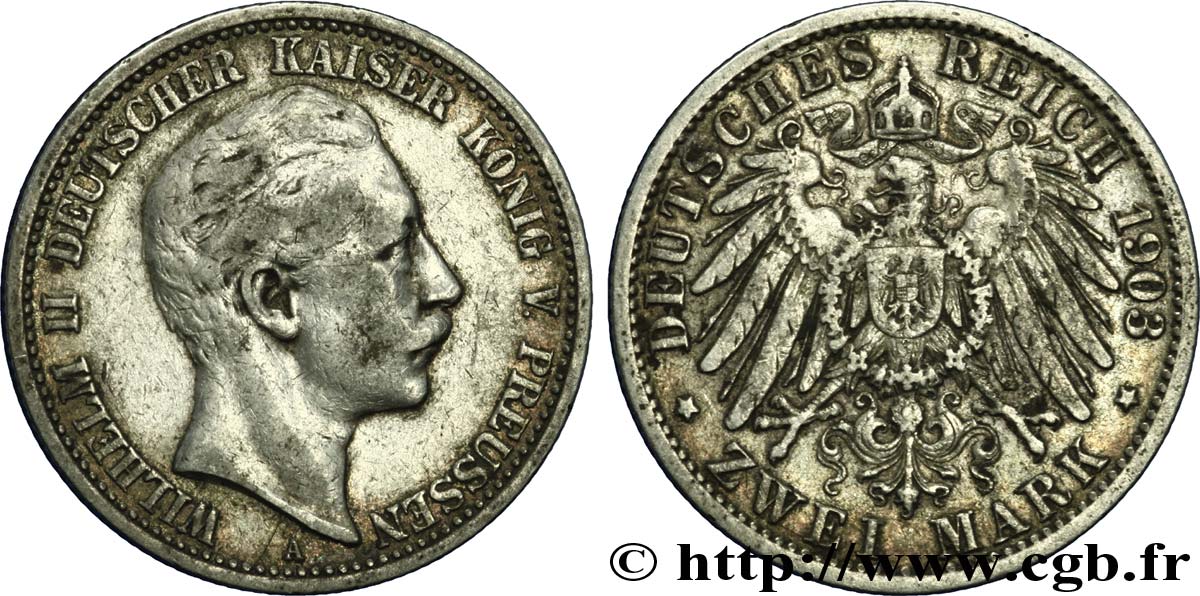 GERMANY - PRUSSIA 2 Mark Royaume de Prusse : Guillaume II / aigle 1903 Berlin VF 