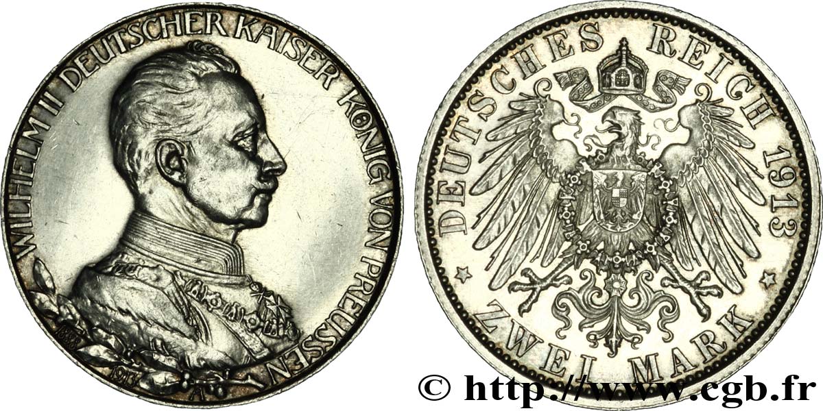 GERMANY - PRUSSIA 2 Mark jubilé, Royaume de Prusse, Guillaume II en uniforme / aigle 1913 Berlin AU 