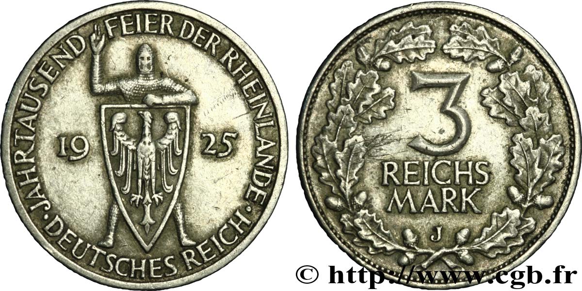 DEUTSCHLAND 3 Mark chevalier - 1000e anniversaire Confédération du Rhin 1925 Hambourg - J fVZ 