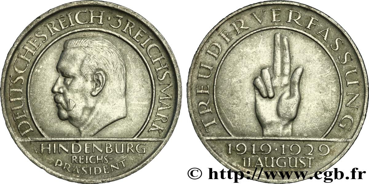 DEUTSCHLAND 3 Reichsmark 10e anniversaire de la République Président Hindenburg 1929 Berlin VZ 
