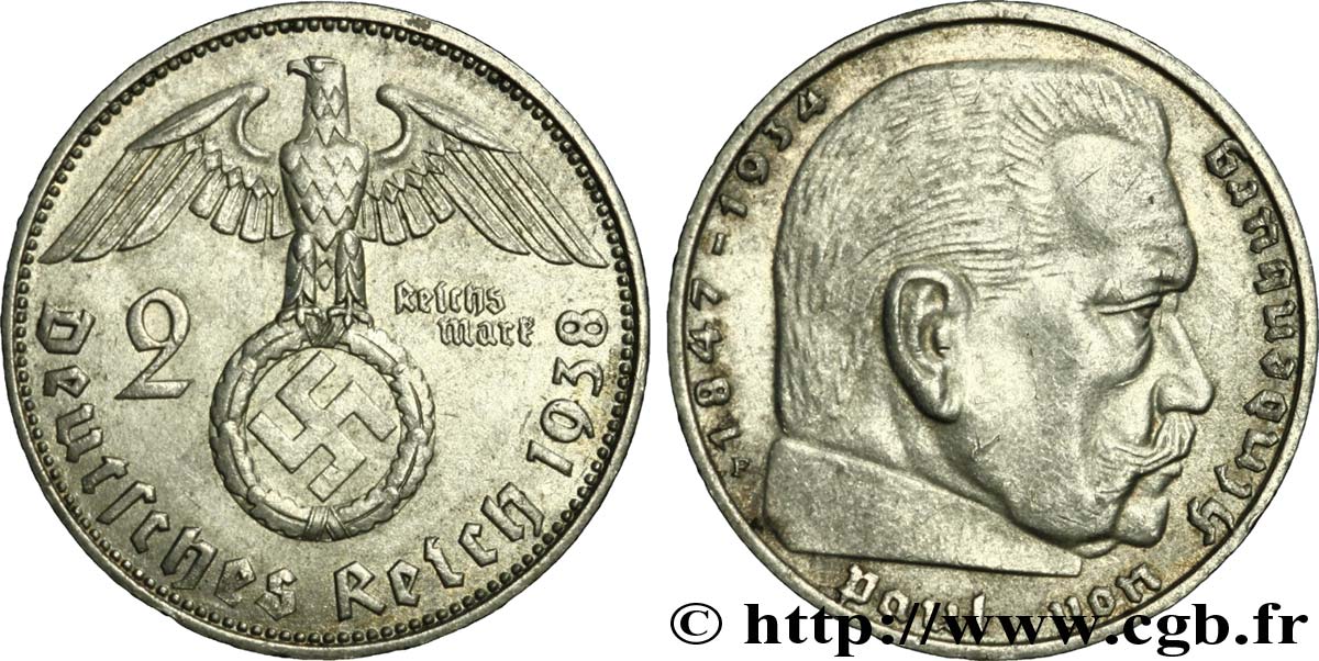 DEUTSCHLAND 2 Reichsmark aigle surmontant une swastika / Maréchal Paul von Hindenburg 1938 Stuttgart - F VZ 
