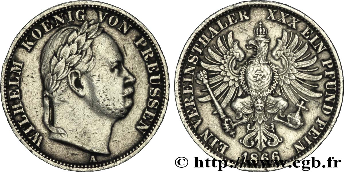 GERMANIA - PRUSSIA 1 Thaler Guillaume Ier roi de Prusse tête laurée (victoire sur l’Autriche) / aigle héraldique 1866 Berlin q.BB 