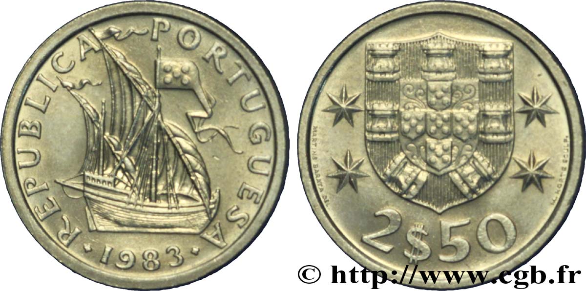 PORTUGAL 2 1/2 Escudos emblème / voilier 1983  EBC 