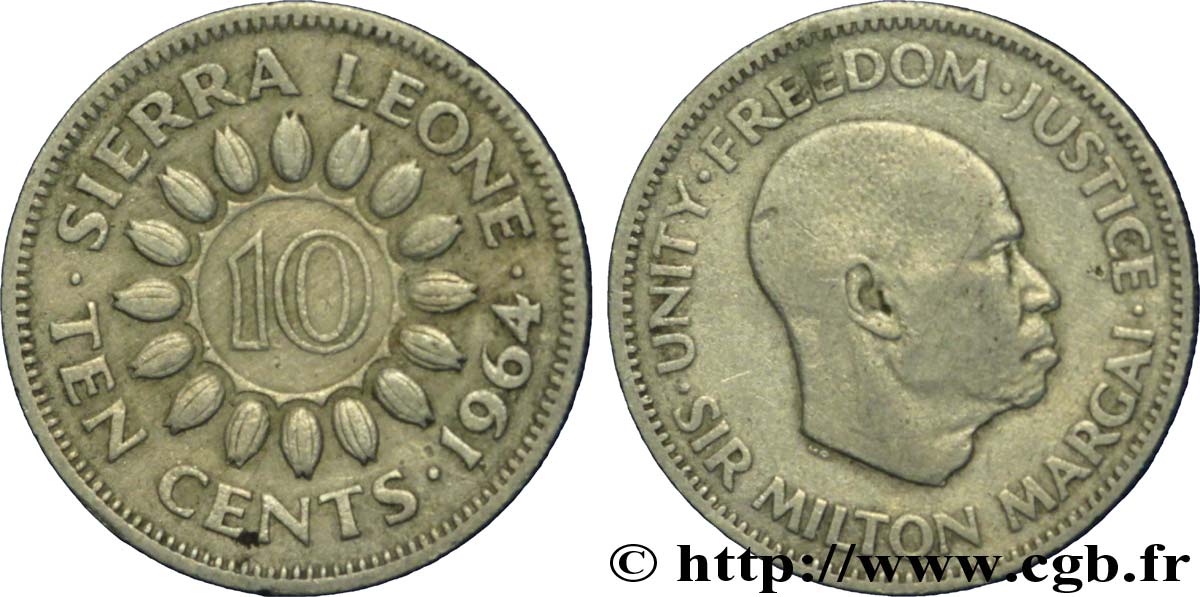SIERRA LEONE 10 Cents cacao / Sir Milton Margai 1964  XF 
