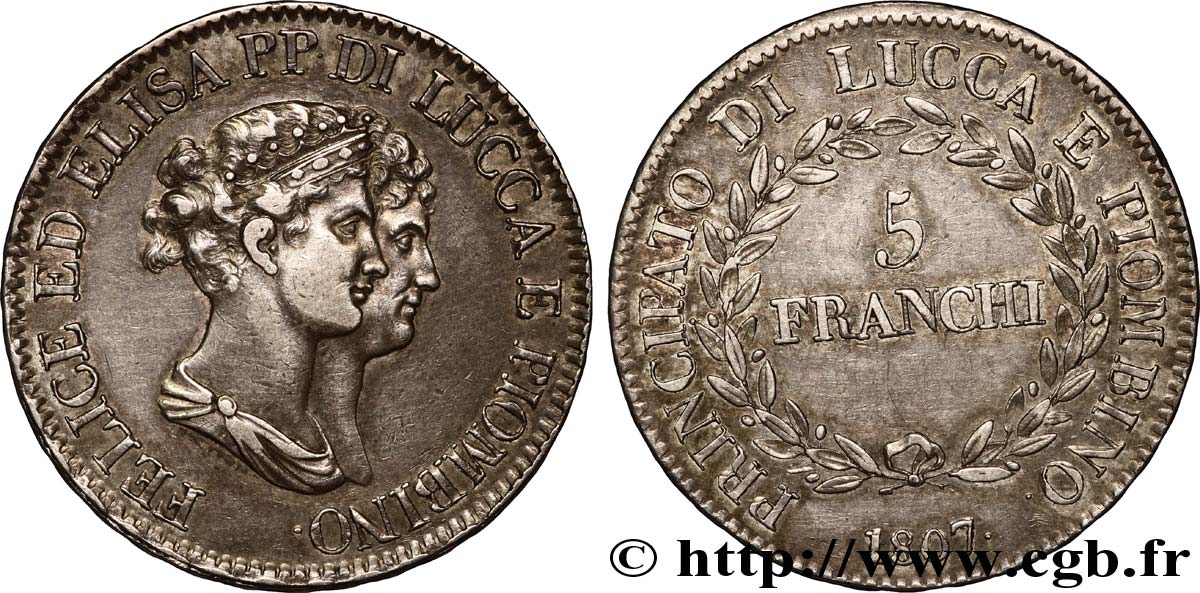 ITALIA - LUCCA E PIOMBINO 5 Franchi Elise et Félix Baciocchi, Principauté de Lucques et Piombino 1807 Florence BB 